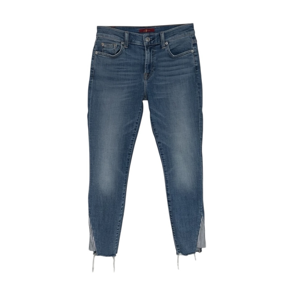 7 For All Mankind Women’s Jeans Size 27 Medium‎ Blue Stretch Raw Hem Side Slit